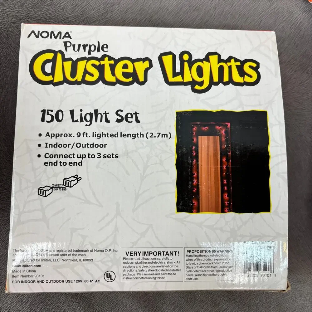 NOMA Halloween 150 Cluster Lights 9 Ft. Lot of 3 Purple Bulb Black Cord In/Out